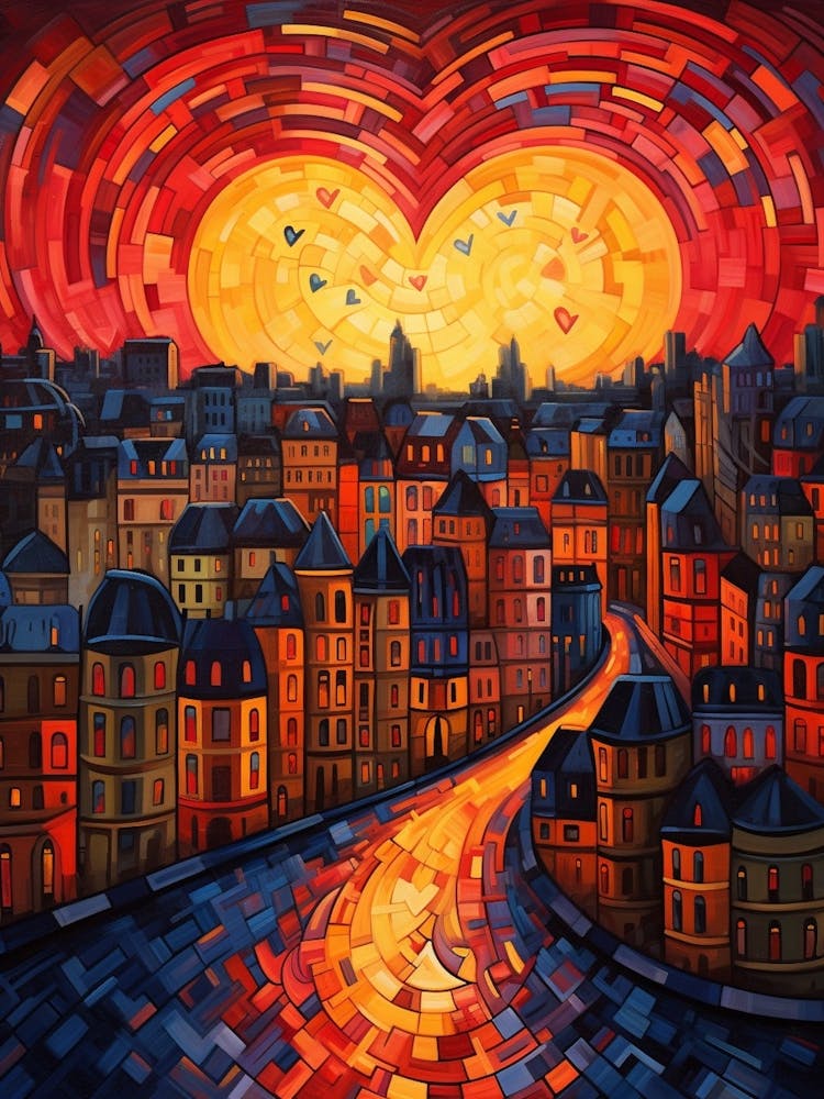 Geometric Lines Heart Sunset Over A European Town