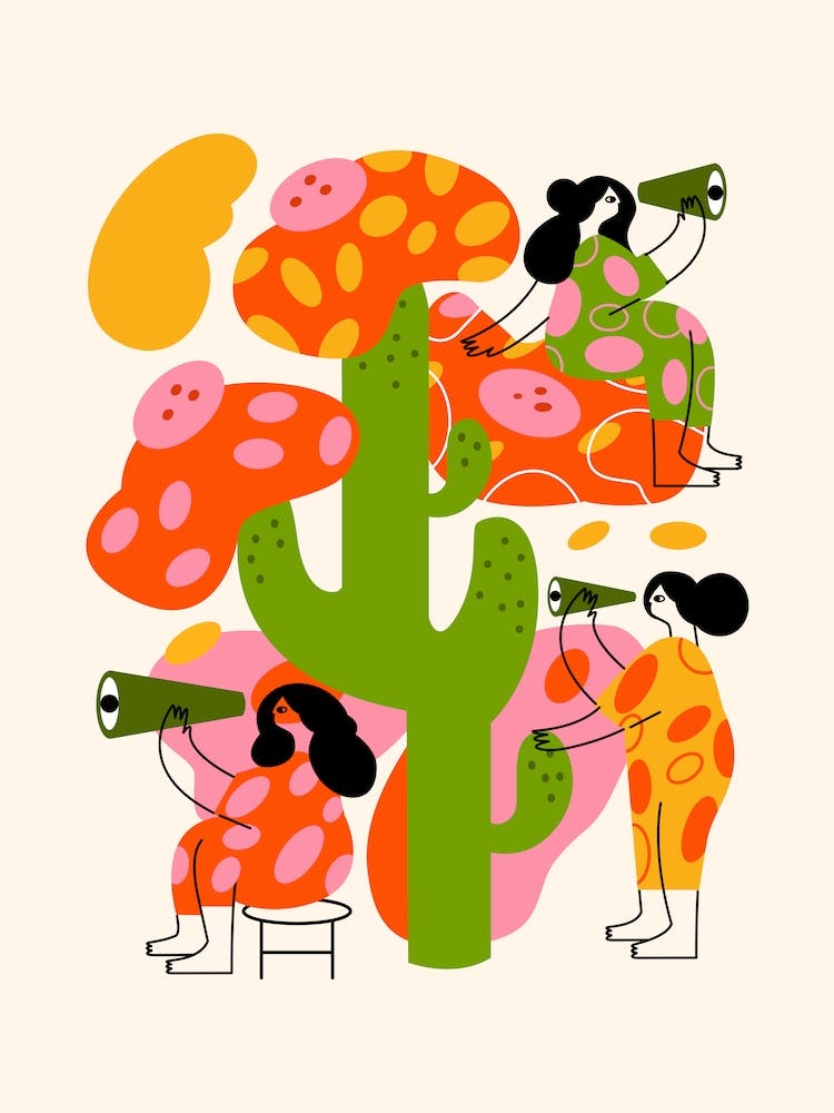 Woman With Spyglasses On Cactus