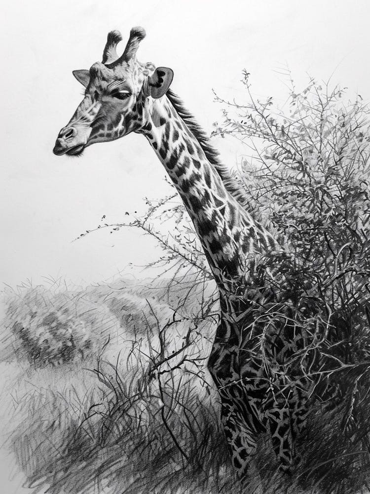 Giraffe With Head In The Branches Pencil Drawing 2