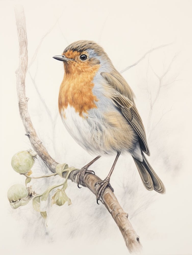 Vintage Bird Drawing European Robin 2