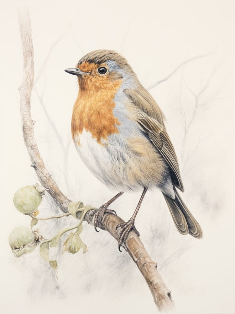 Vintage Bird Drawing European Robin 2