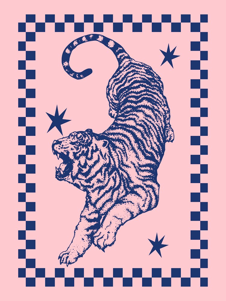 Tiger On Pink | Retro Tiger with Checkerboard Border