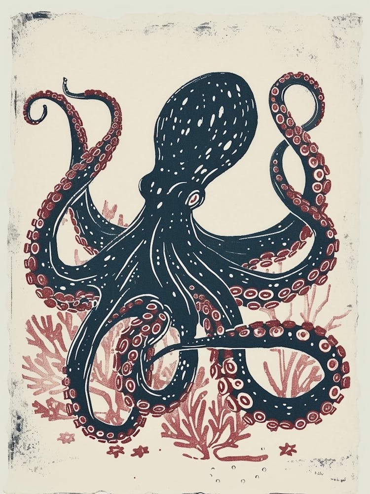 Octopus In The Ocean With Coral Linocut Inspired 1