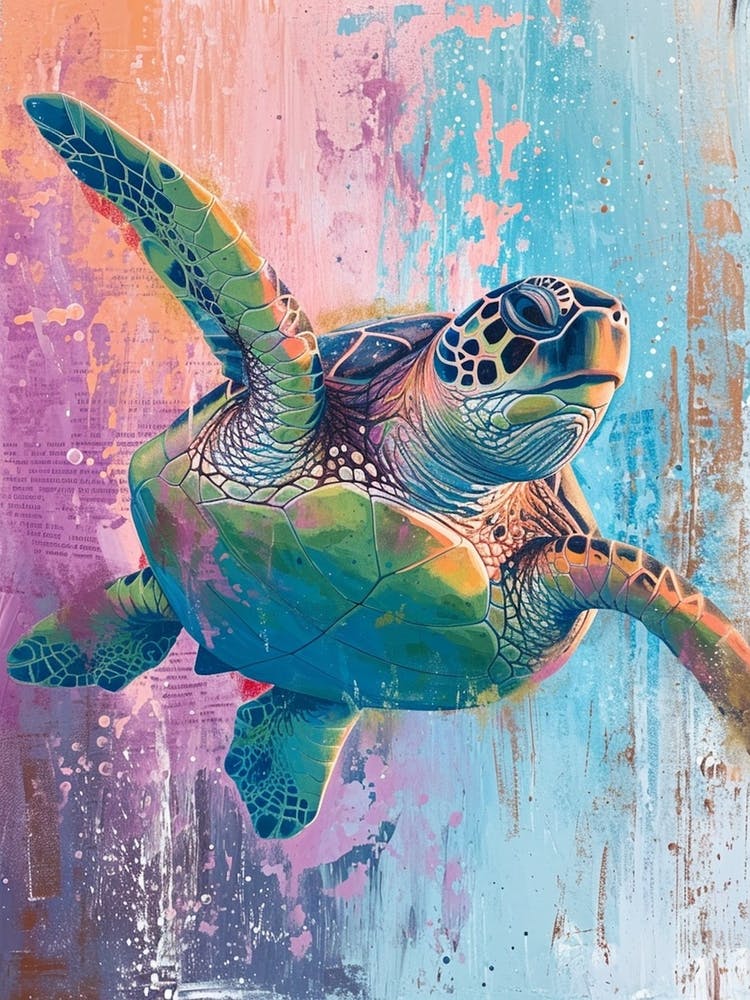 Colourful Sea Turtle Exploring The Ocean Textured Painting 4