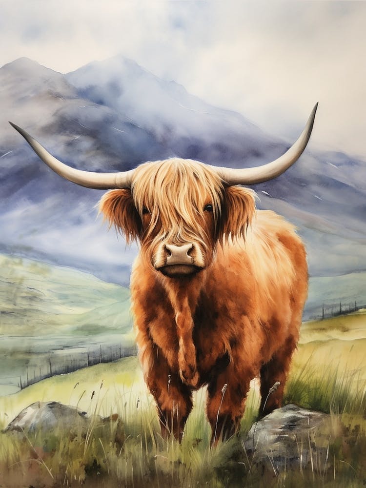Mountaneous Background Behind Highland Cow