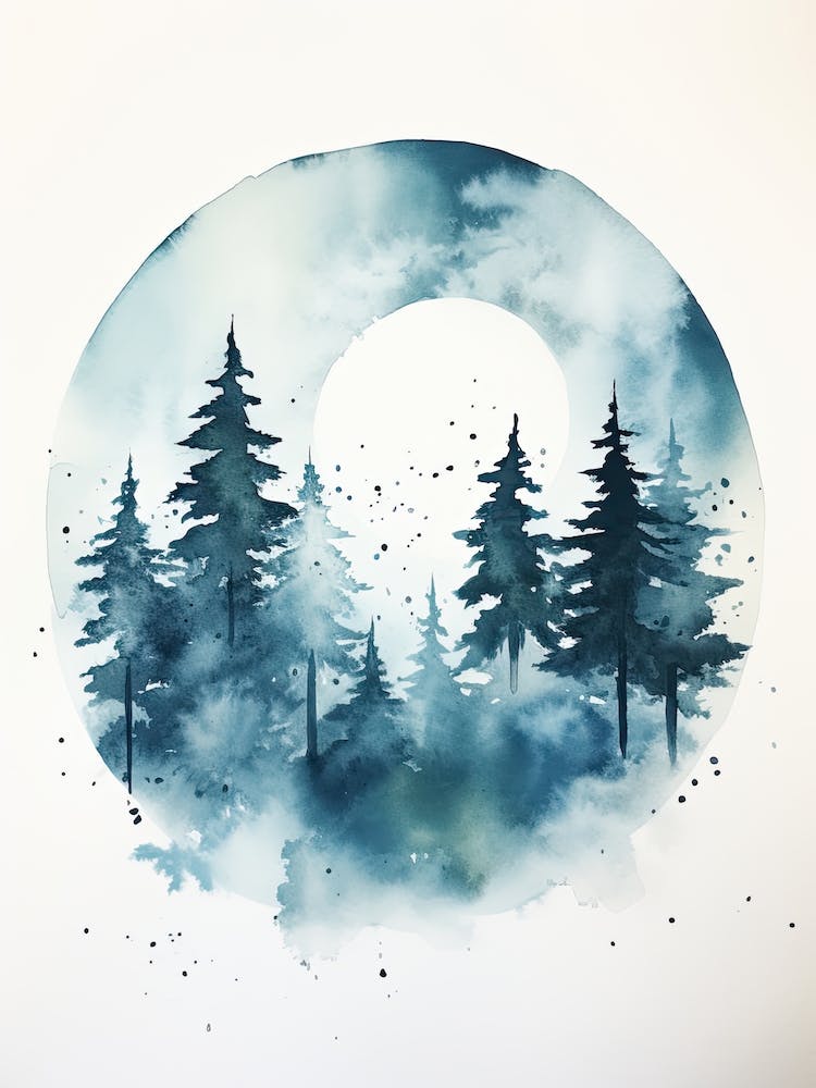 Watercolour Painting Of Boreal Forest   Northern Hemisphere 0