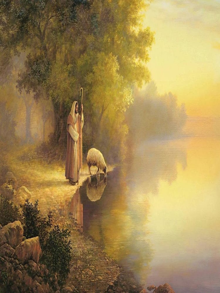 Calm Waters, Jesus Christ And Sheep Painting, The Good Shepherd Art, Jesus Christ Shepherd, Christian Wall Decor, Jesus Painting, Lds Art