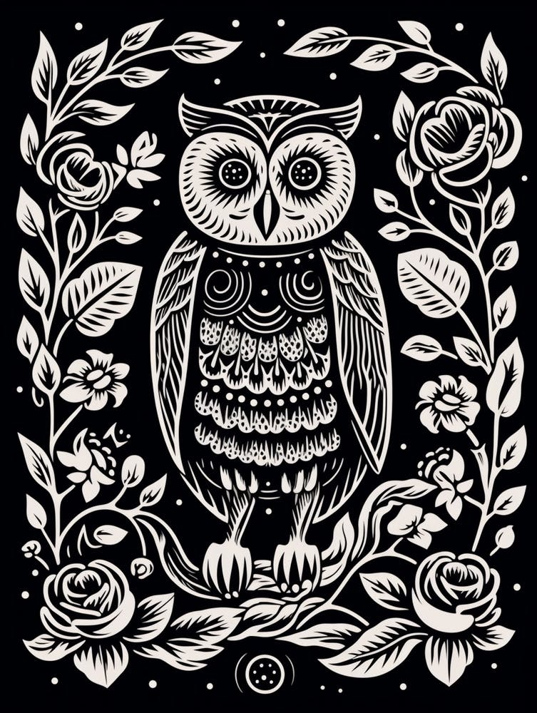 B&W Bird Linocut Owl 4