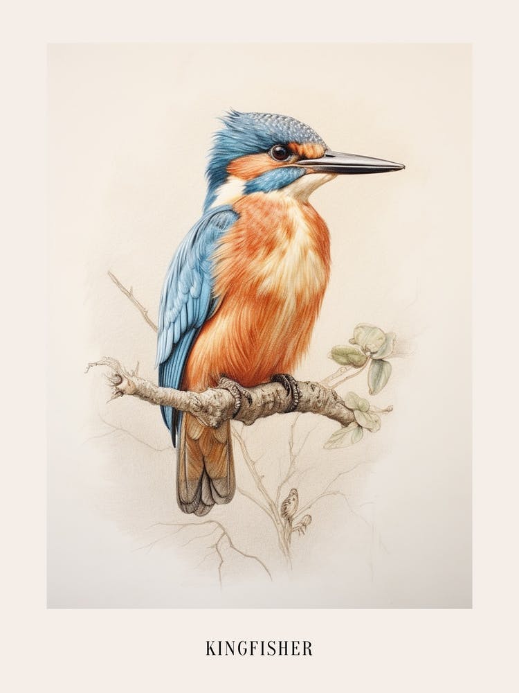 Vintage Bird Drawing Kingfisher 1 Poster