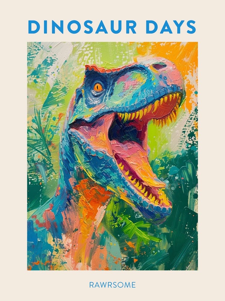 Rawrsome Orange Blue Dinosaur Poster