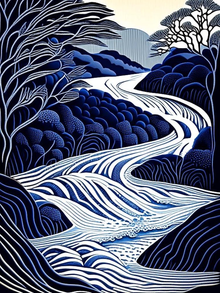 Flowing Water Waterscape Linocut 2