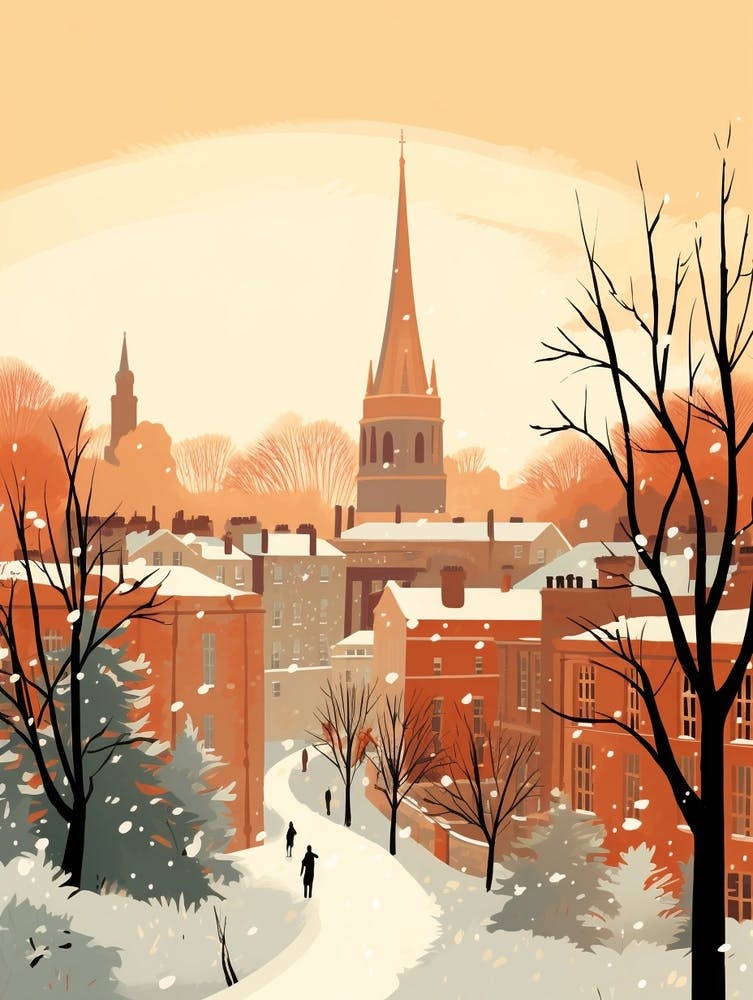 Vintage Winter Travel Illustration Oxford United Kingdom 3