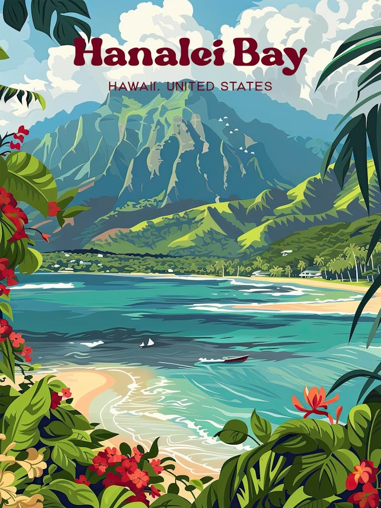 Hanalei Bay Hawaii Kauai Island - Illustration de voyage