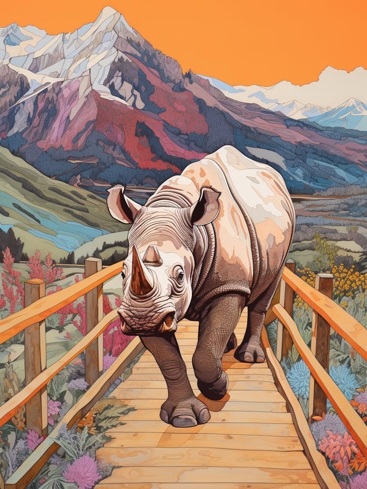 Rhino Crossing A Wooden Bridge With Mountain In The Background 1