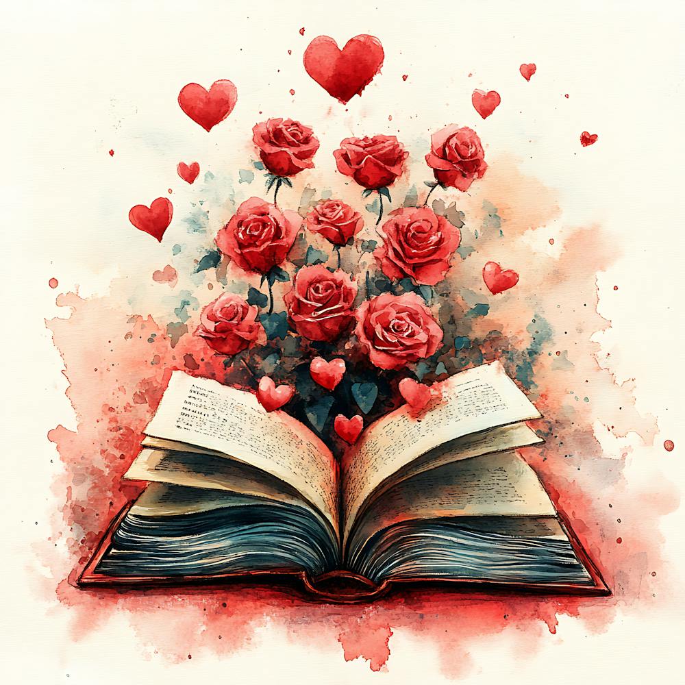 Watercolor Romantic Book Roses Hearts 6