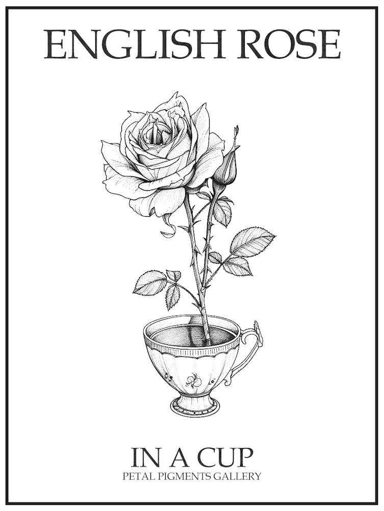 Englische Rose In Einer Tasse Strichzeichnung 1 Poster