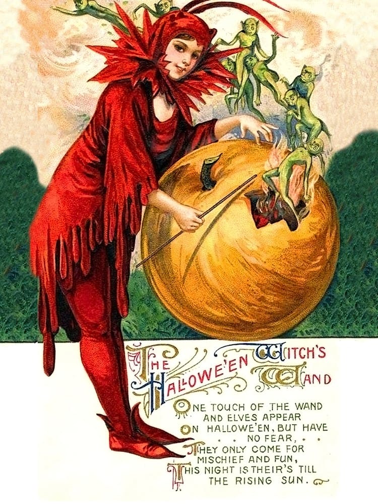 Halloween-Hexe mit Zauberstab und einem Gedicht