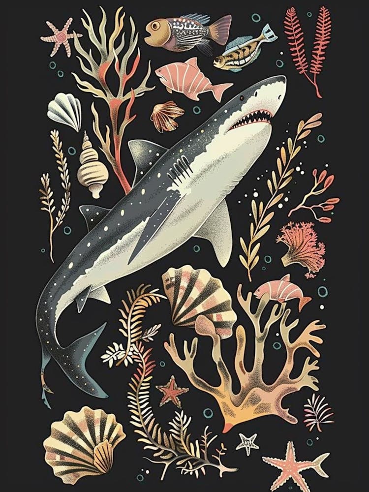 Goblin Shark Seascape Black Background Illustration 1