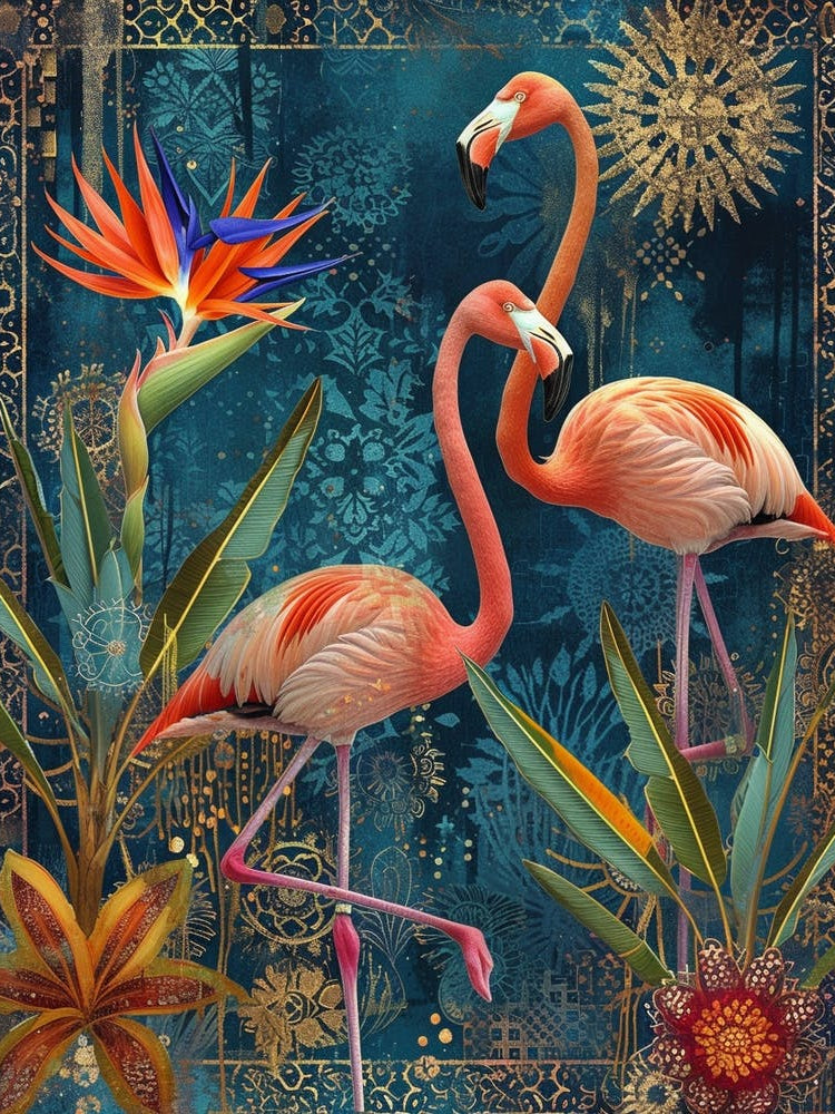 Greater Flamingo And Bird Of Paradise Boho Print 1