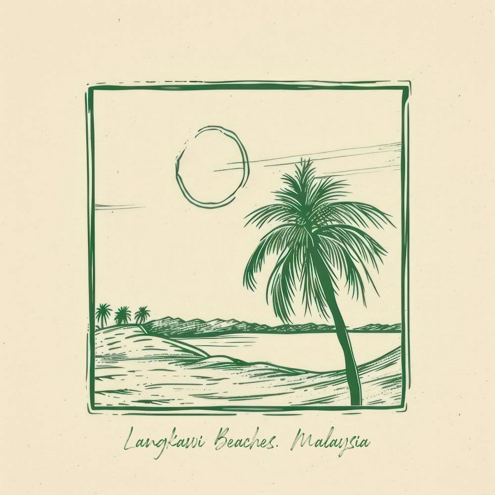 Langkawi Beaches, Malaysia Green Line Art Illustration