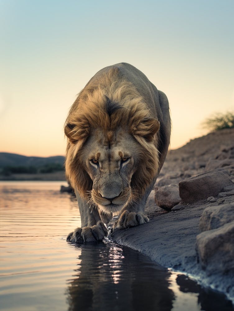 African Lion Drinking Water Realism 1