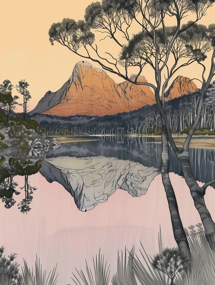 Cradle Mountain Australia Color Line Drawing (4)