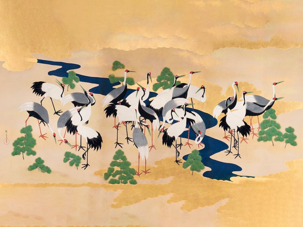 Japanese Cranes And Pines Vintage Painting, Yamamoto Sodō