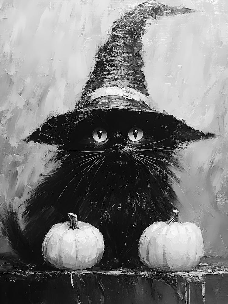 Witch Cat With Pumpkins