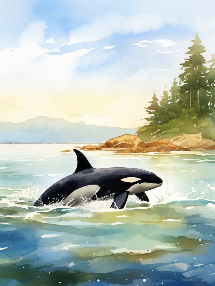 Orca Whale Diving Into Water Watercolour