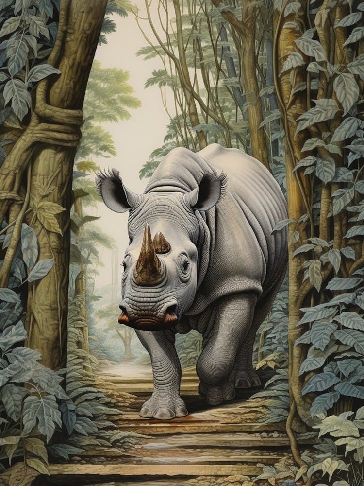 Rhino Walking Over The Wooden Bridge Realistic Illustration 3