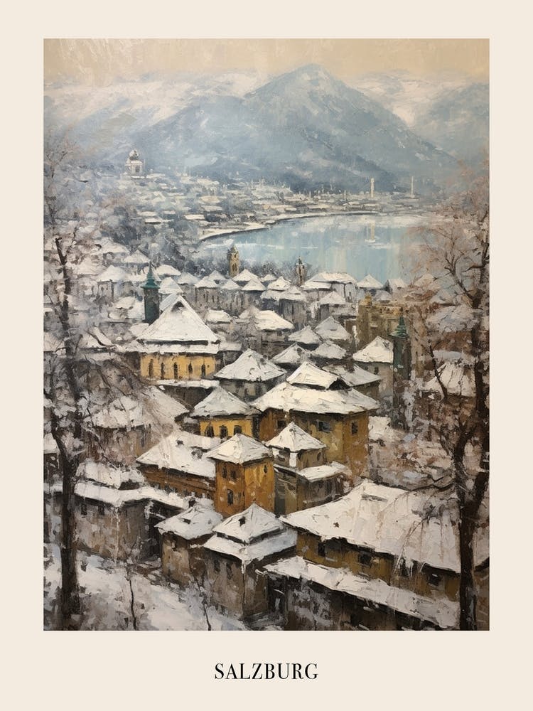 Vintage Winter Painting Poster Salzburg Austria 2