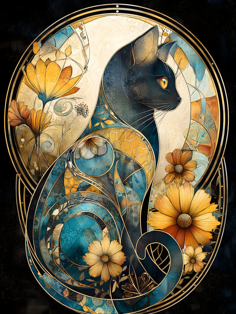 Black Cat With Flowers 1