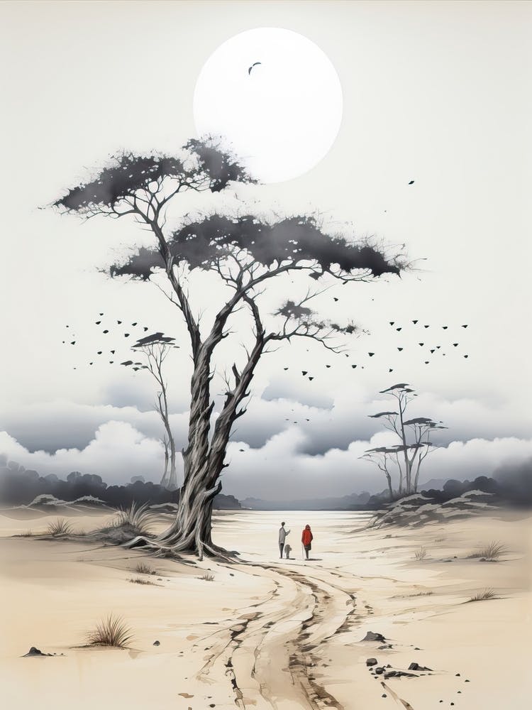 Tottori Sand Dunes In Tottori, Japanese Brush Painting, Ukiyo E, Minimal 3
