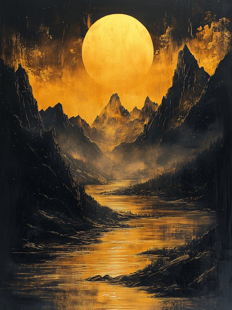 Moonlight Over The Mountains, Monochrome, Charcoal Style