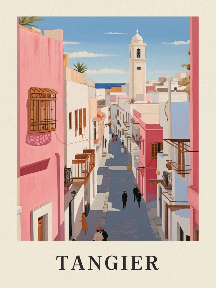 Tangier Morocco 3 Vintage Pink Travel Illustration Poster