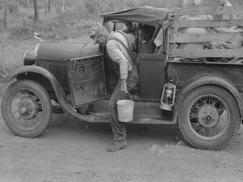 Untitled Photo, Possibly Related To Migrant Getting Out Of Car With Pail To Get Some Water, Encamped Along Roadsid