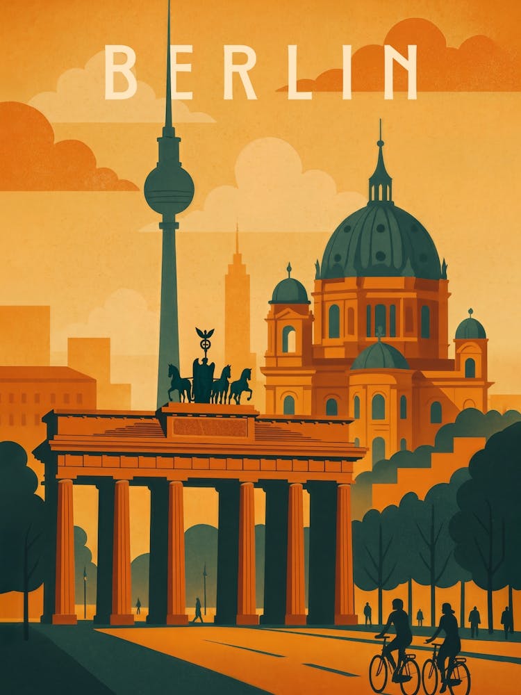 Berlin Travel Poster Germany – Historic Cityscape with Landmarks: A city rich in stories – this Berlin travel poster features Brandenburg Gate, the TV tower, and skyline silhouettes. Perfect for urban travelers seeking European culture and historic depth.