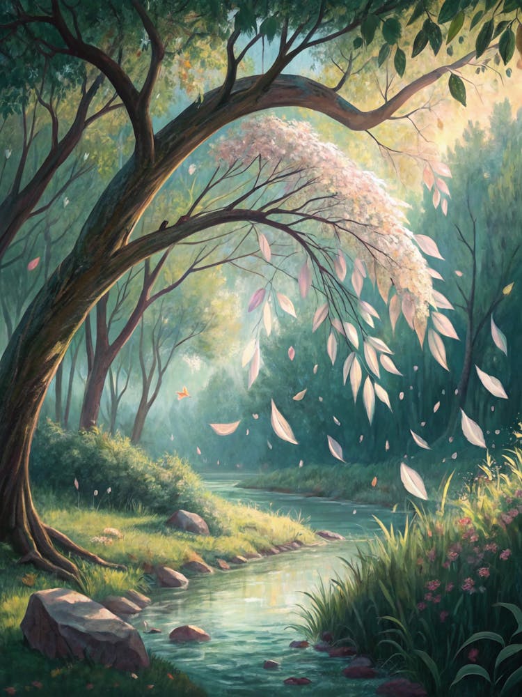 Oil Painting Style Curved Branches With Floating
