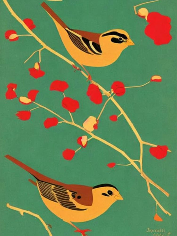 Moineau Illustration Mid-century Oiseau
