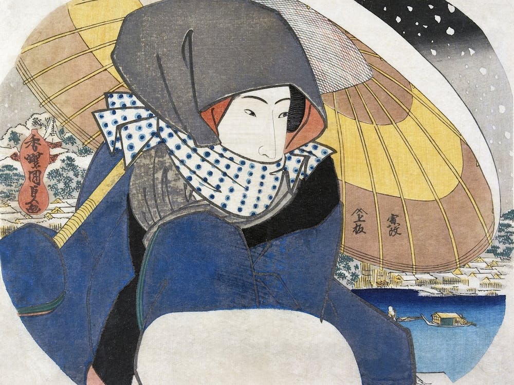 Japanese Woman With Umbrella In Snow (1930) Vintage Woodblock Print By Utagawa Kunisada