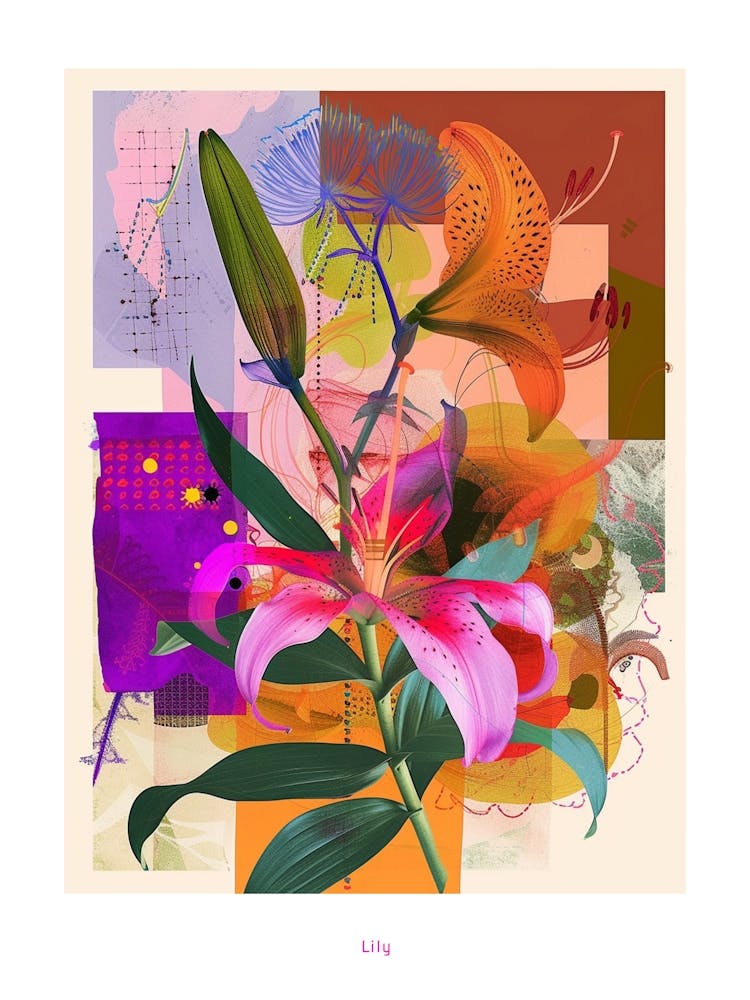Lily 4 Neon Flower Collage Poster