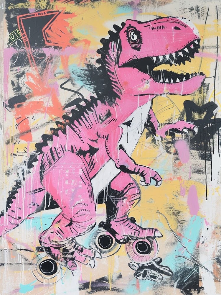 Pink Dinosaur Roller Skating Graffiti Style