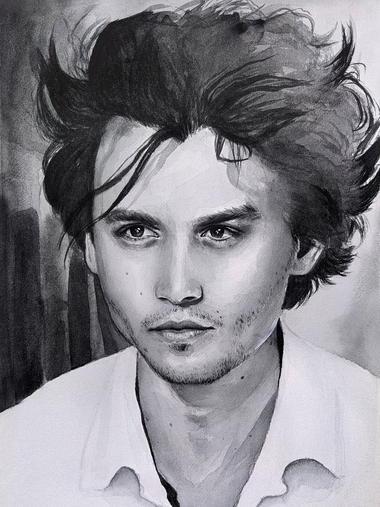 Aquarellporträt von Johnny Depp in Schwarz-Weiß