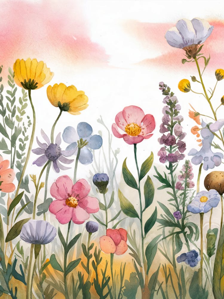 A Watercolor Illustration Of A Field Of Wildflowers
