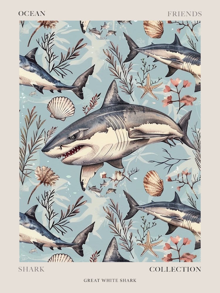 Pastel Blue Great White Shark Watercolour Seascape 1 Poster