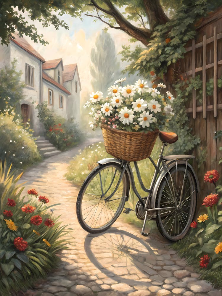 Oil Painting Style Vintage Bicycle with Daisy Basket Countryside Scene