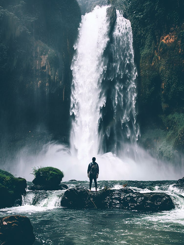 Man Standing In Front Of Waterfall