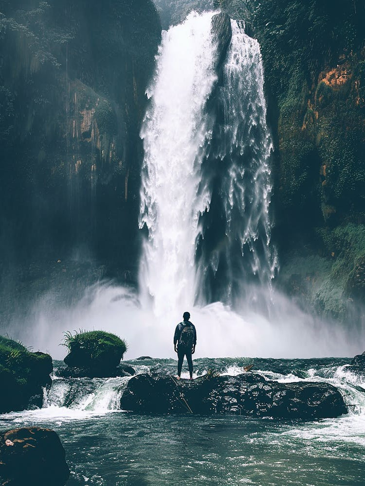 Man Standing In Front Of Waterfall