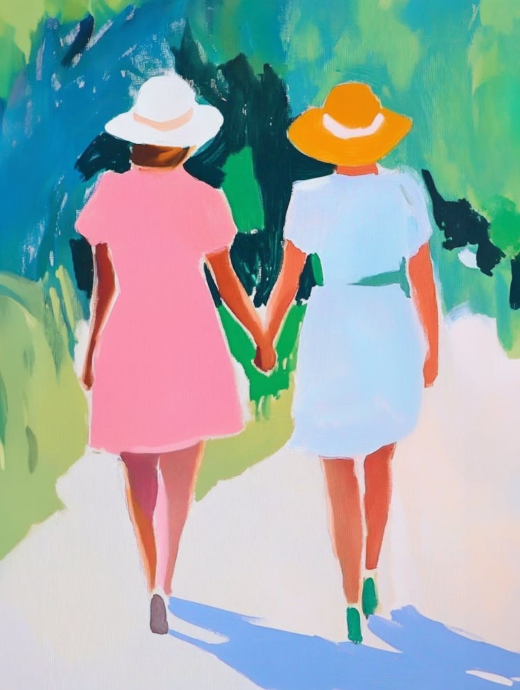 Women Holding Hands Gouache Painting