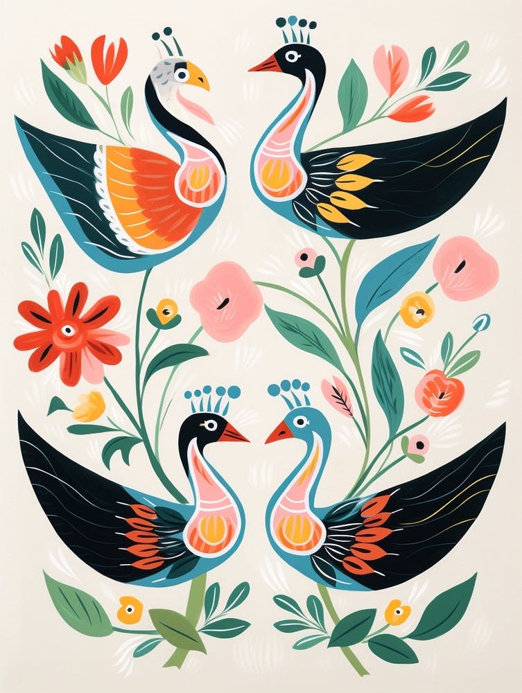 Folk Style Bird Painting Swan 1
